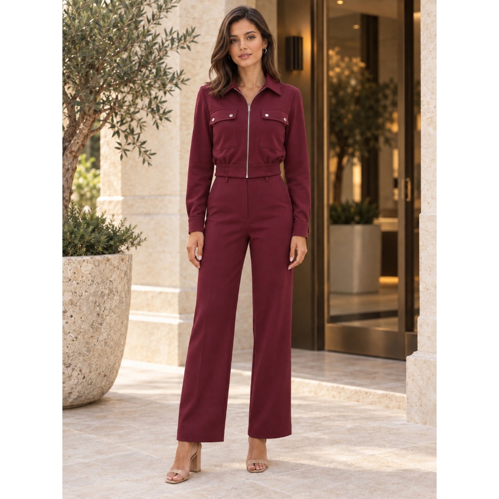 Conjunto Social Feminino Louis Twill Manga Longa com Zíper e Bolsos Funcionais + Calça Louis Twil Cintura Alta Tam P M G