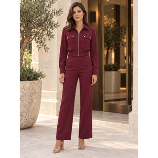 Conjunto Social Feminino Louis Twill Manga Longa com Zíper e Bolsos Funcionais + Calça Louis Twil Cintura Alta Tam P M G