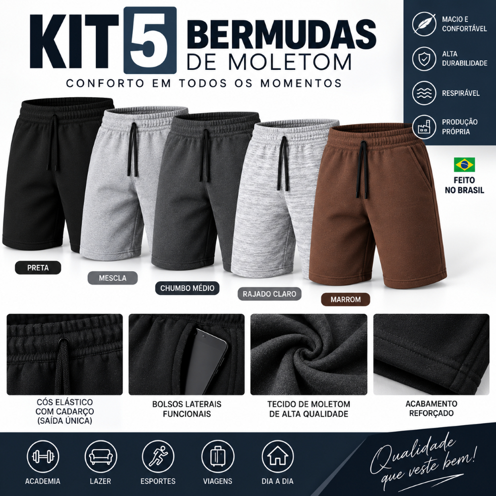KIT COM 5 Bermudas Moletom Masculina Academia Shorts Treino