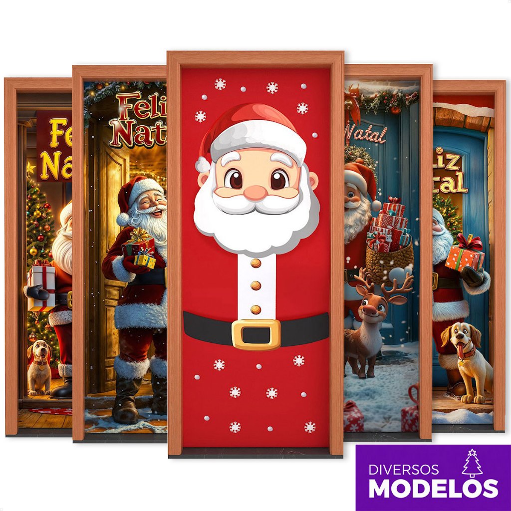 Capa de Porta Natal Tecido Sublimado Veste Fácil Papai Noel Decoração Natalina 0,80x2,10m