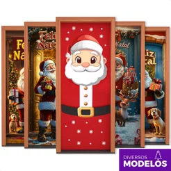 Capa de Porta Natal Tecido Sublimado Veste Fácil Papai Noel Decoração Natalina 0,80x2,10m