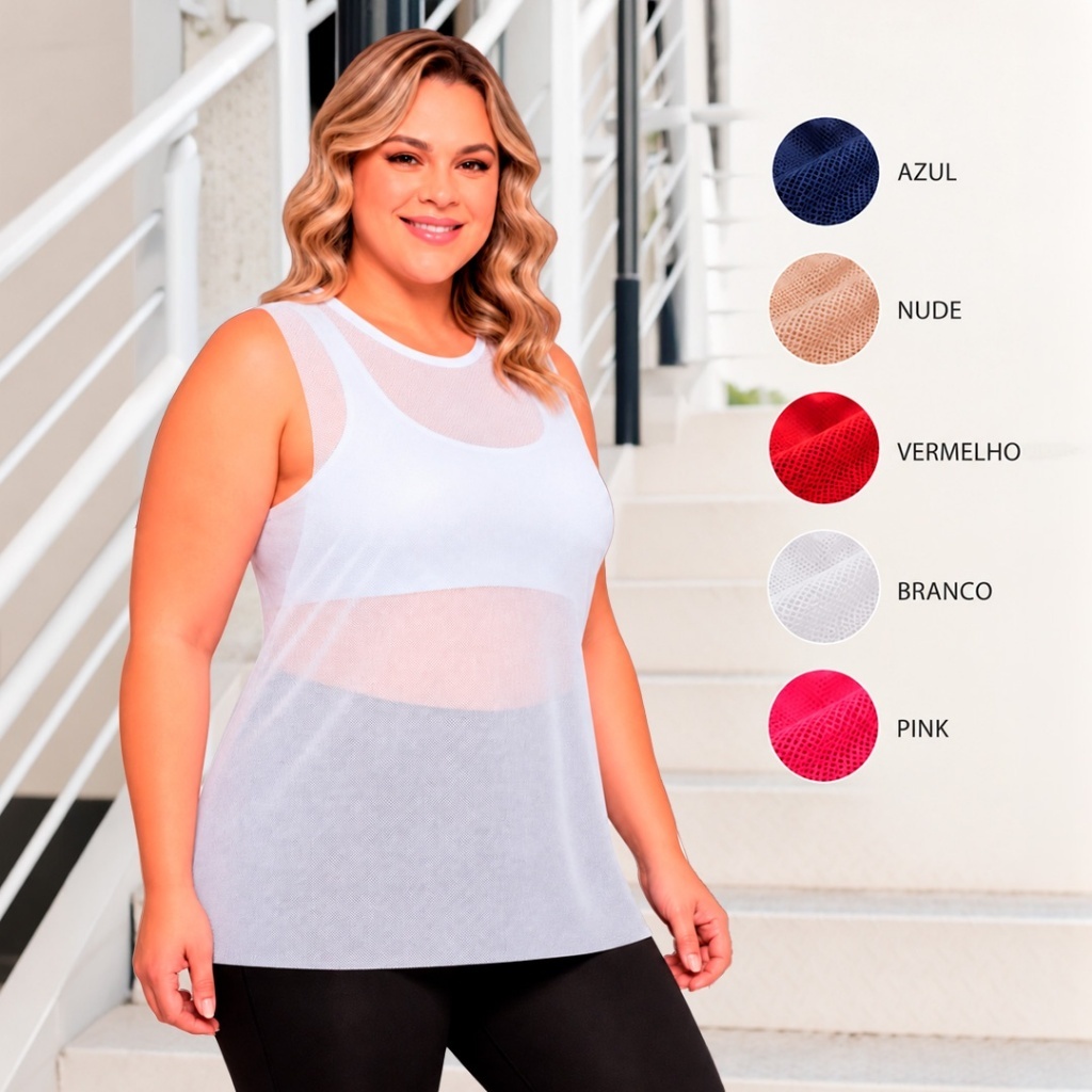 Regata Feminina Transparente de Tule Camiseta Blusa Academia Treino Plus Size Regatão Transparência