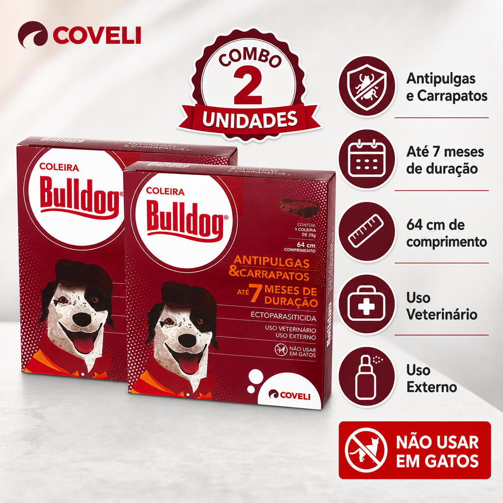 Kit 2 Bulldog Coleira Antipulgas e Carrapatos Coveli para Cães - 64 cm