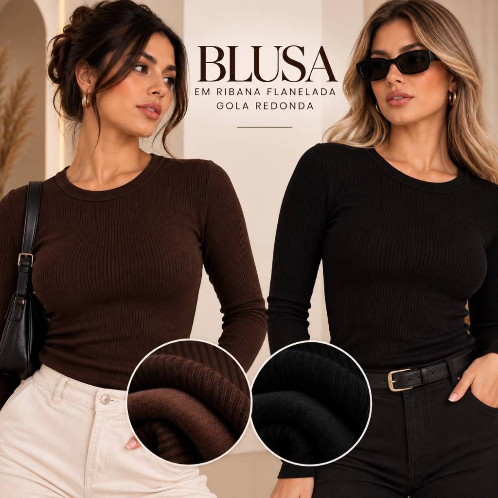 KIT BLUSA FEMININA MANGA LONGA RIBANA CANELADA, BLUSA FLANELADA GOLA REDONDA, BLUSA TÉRMICA FEMININA