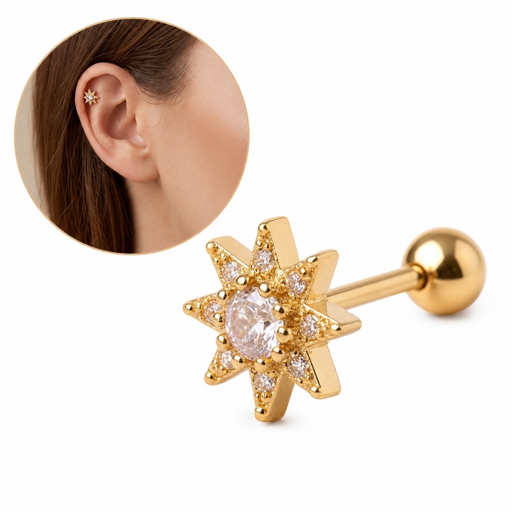 Piercing Orelha Hélice Estrela Brilhante Zircônia Aço Inoxidável Parafuso Jóia Corporal Feminina Moda