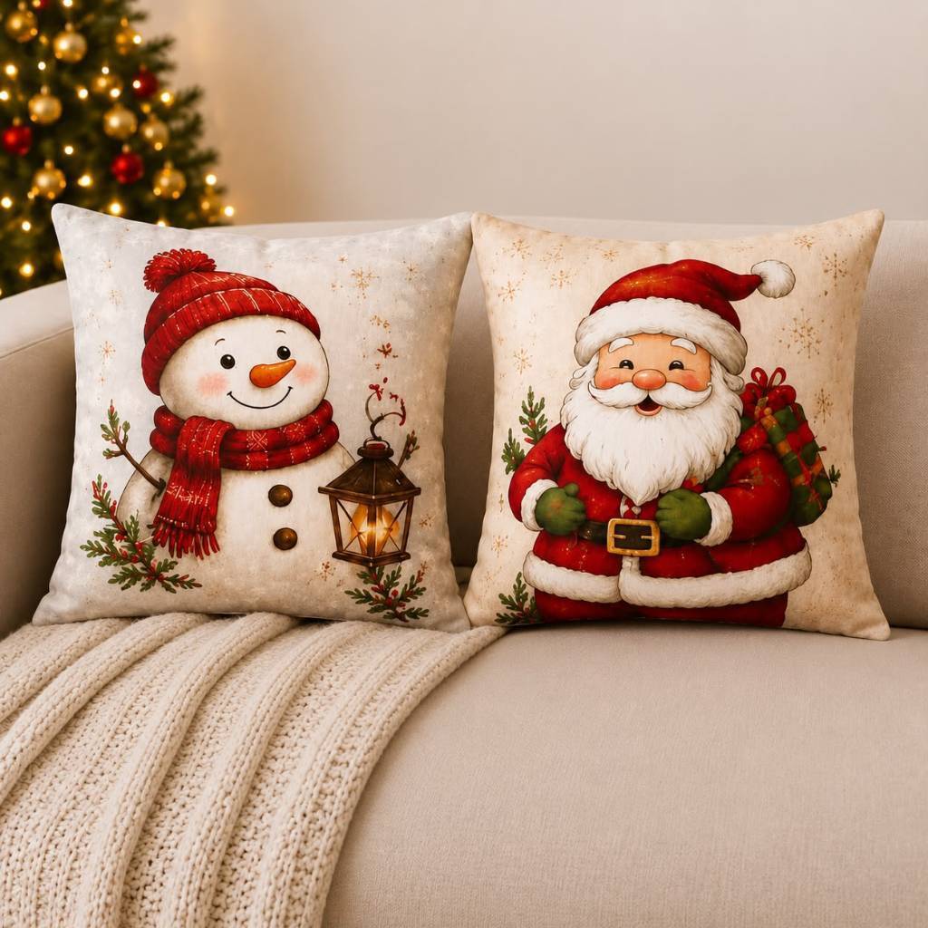 Kit 2 Capas de Almofada Natalinas 45x45 cm com Zíper Estampadas Decoração de Natal