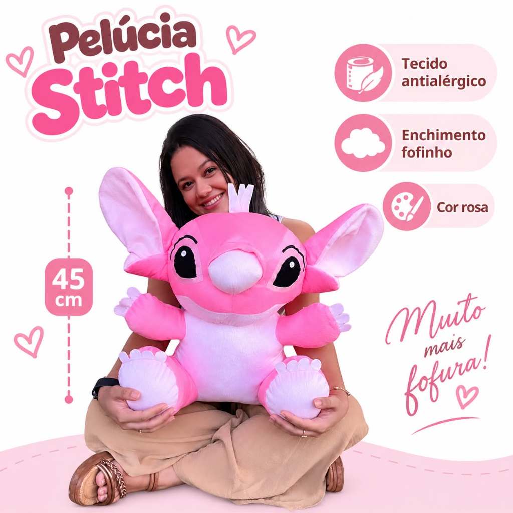 Stitch Pelúcia Rosa Grande 45cm Urso Antialérgico Decoração para Quarto e Cama Fofo Desenho