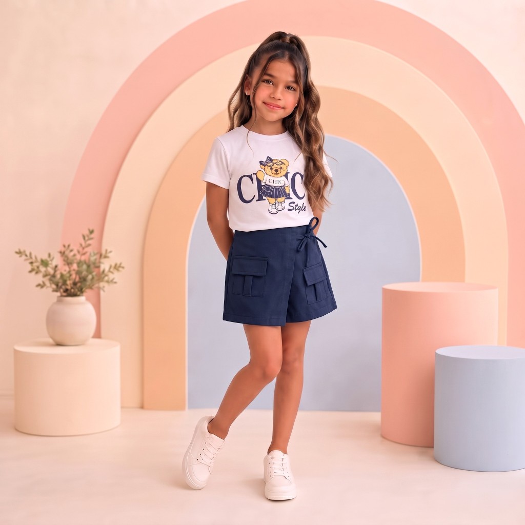 Conjunto Infantil Feminino Shorts Saia e Camiseta em Algodão Estampada  Urso Chique, Moda infantil Juvenil Menina 2 a 10
