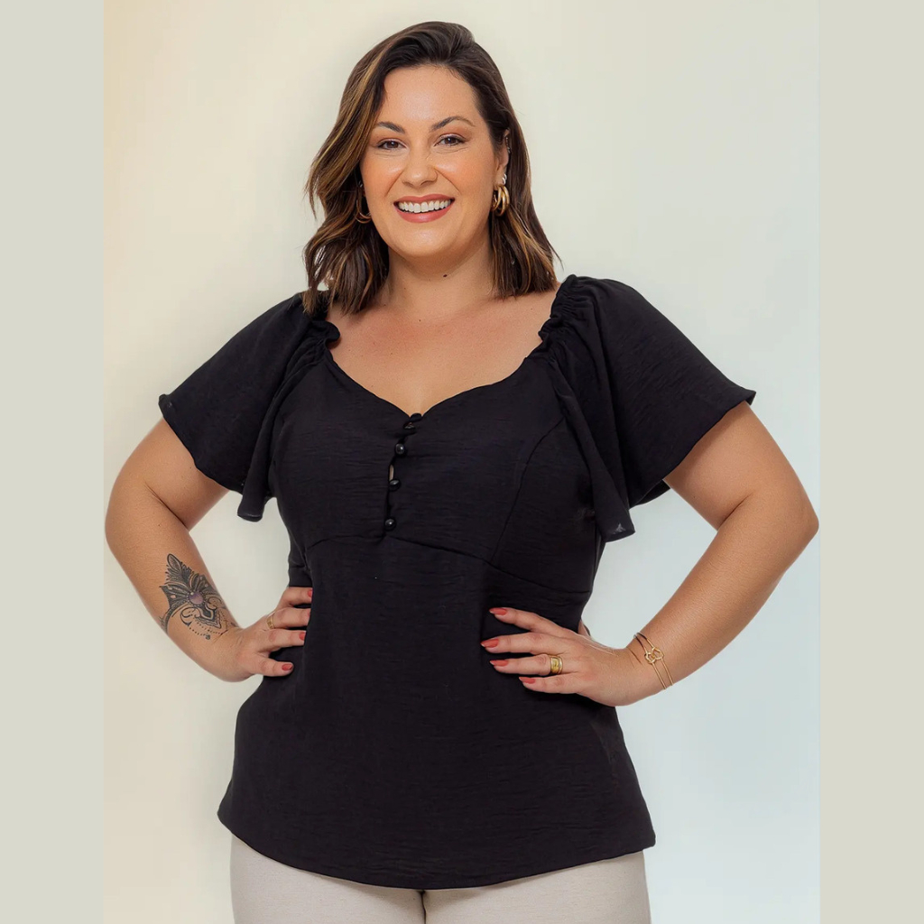 Blusa Social Feminina Moderna Elegante Plus Size Com Detalhe Nas Mangas Lançamento Festa