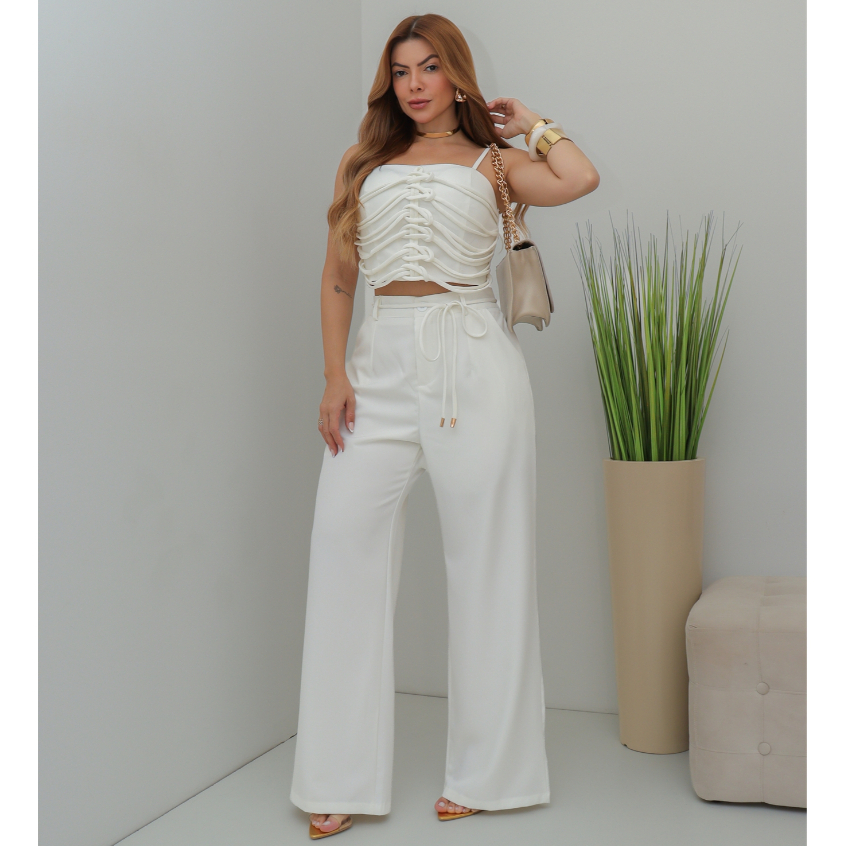 Conjunto Feminino Cropped Drapeado e Calça Pantalona Cintura Alta Elegante Verão SD4034
