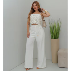 Conjunto Feminino Cropped Drapeado e Calça Pantalona Cintura Alta Elegante Verão SD4034
