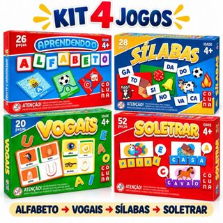 Kit Brinquedo Pedagógico Educativo 4 Jogos Vogais + Sílabas + Soletrar + Alfabeto - Pais E Filhos