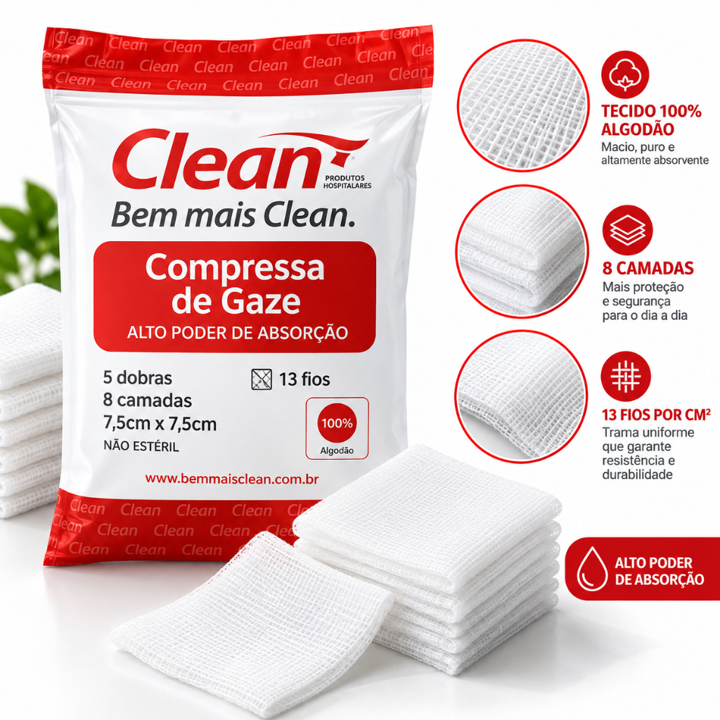 Compressas De Gaze 13 Fios Clean Hidrófila 240g Kit