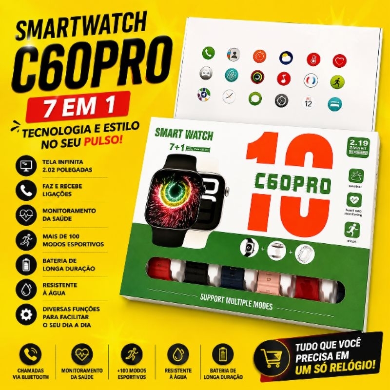 Smartwatch Inteligente - Relógio Kit 7 Pulseiras - Fitness Esportivo Unissex
