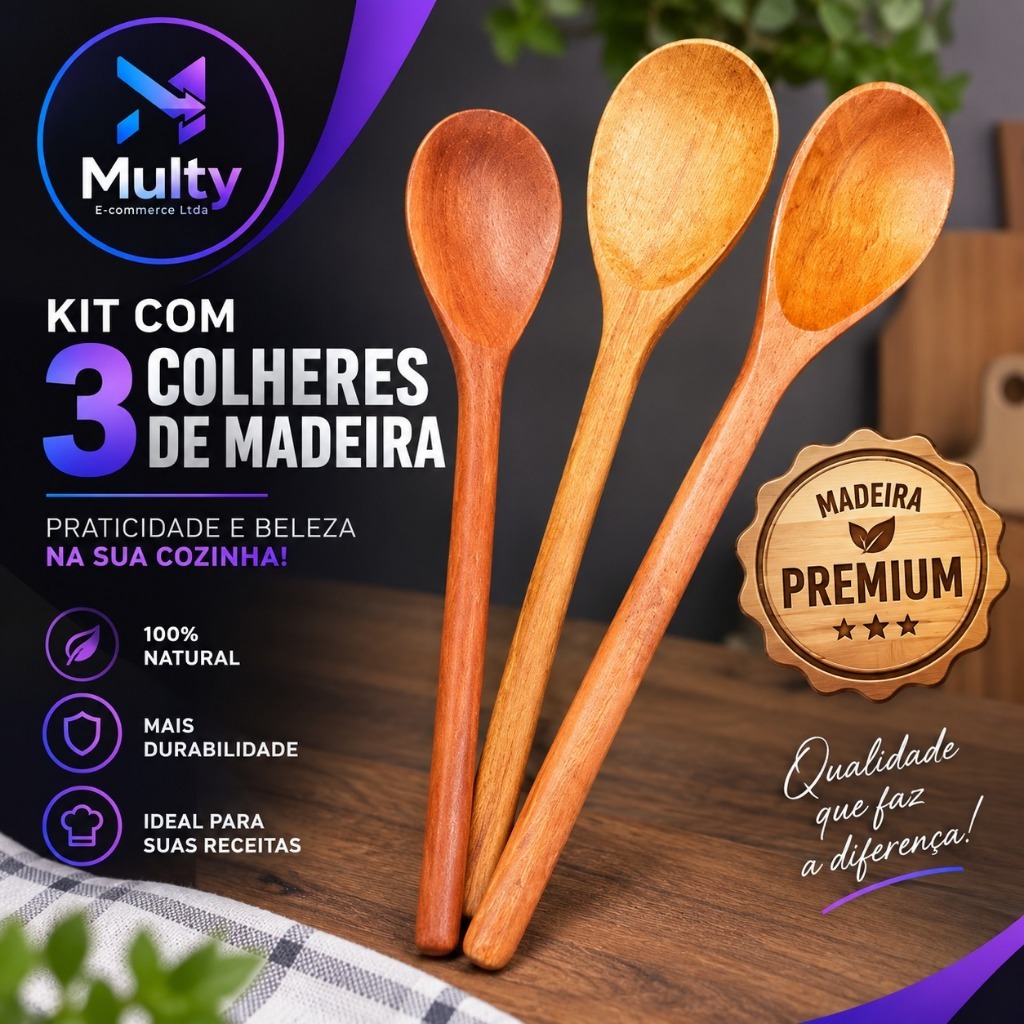Kit 3 Colheres De Pau Madeira Maciça Polida Utilidade cozinha artesanal