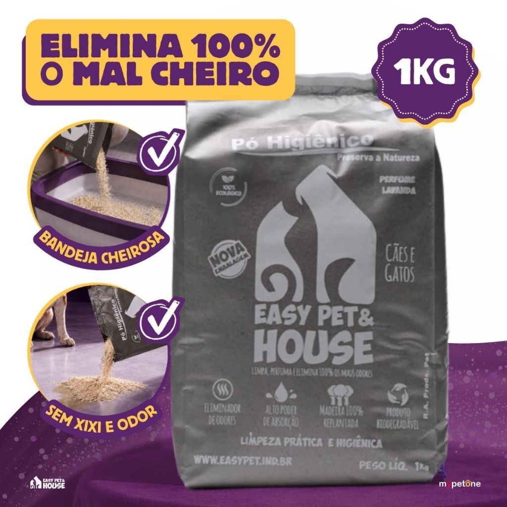 Pó Higiênico 1kg Lavanda Antiodor Seca Xixi Cães e Gatos EasyPet Limpeza Fácil com Ação Bactericida