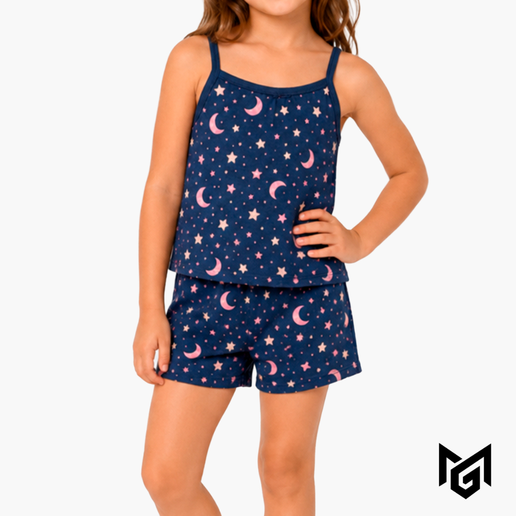 Pijama Baby Doll Infantil Feminino Menina Regata Short Estampado Confortável Leve