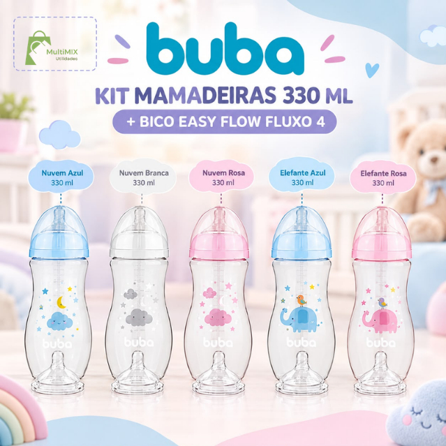 Kit Mamadeira Buba Easy Flow 330ml + Bico Fluxo 4 Original