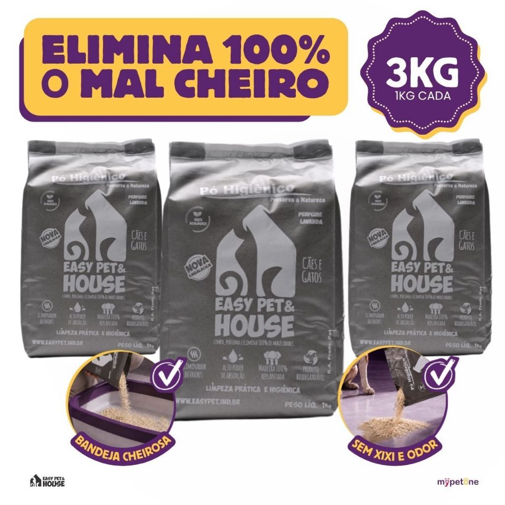 Pó Higiênico 1kg Lavanda Antiodor Seca Xixi Cães e Gatos EasyPet Limpeza Fácil com Ação Bactericida 1,2,3 ou 4 Unidades