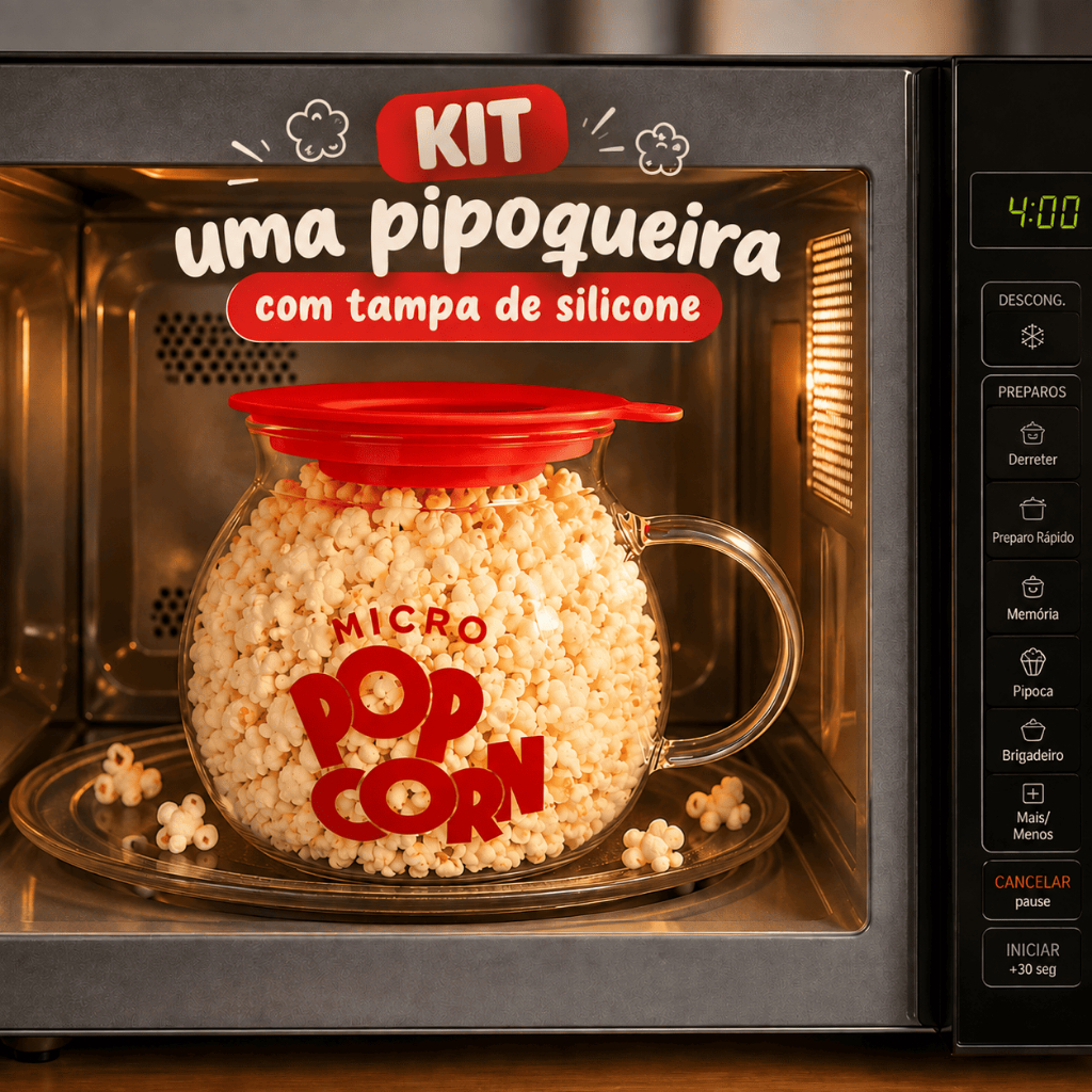 Pipoqueira Micro-ondas Vidro Borossilicato com Tampa Silicone Faz Pipoca Sem Óleo 1,5L Premium