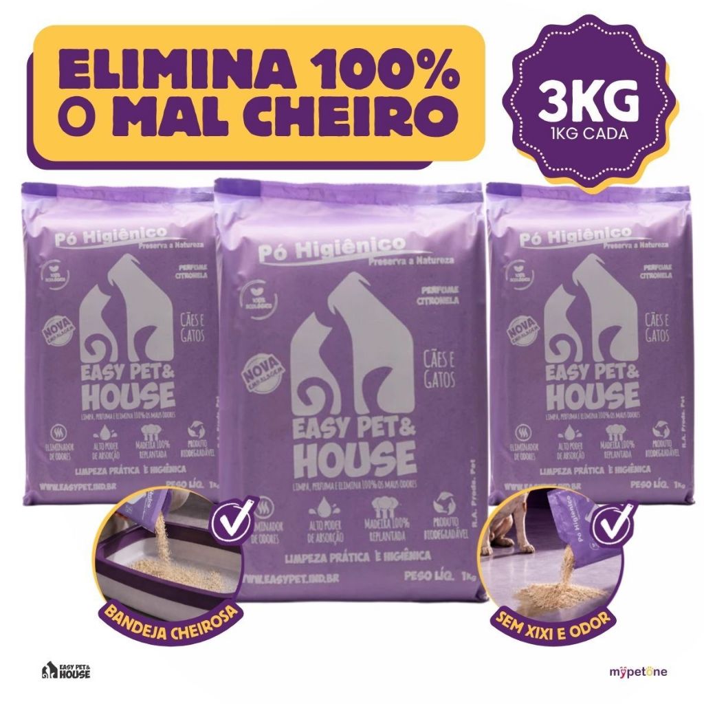 Pó Higiênico 1kg Citronela Antiodor Seca Xixi Cães e Gatos EasyPet Limpeza Fácil com Ação Bactericida 1,2,3 ou 4 Unidade