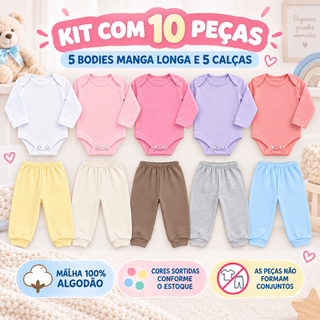 Kit Enxoval Bebê 10 Peças | 5 Body Manga Longa + 5 Calças Mijão | Lisas | 100% Algodão | Menina Menino Unissex