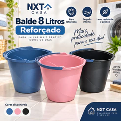 Balde 8 Litros Plástico Reforçado com Alça e Pegador Inferior para Limpeza Lavanderia Banheiro Cozinha Multiuso