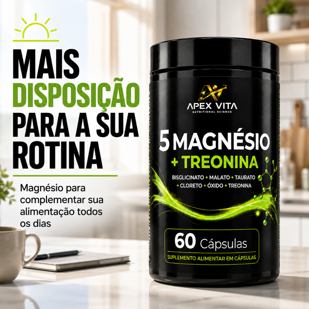 5 Magnésio + Treonina Apex Vita 60 Cápsulas Bisglicinato Malato Taurato Cloreto Óxido Energia Foco Disposição Equilíbrio — imagem 2 de 2