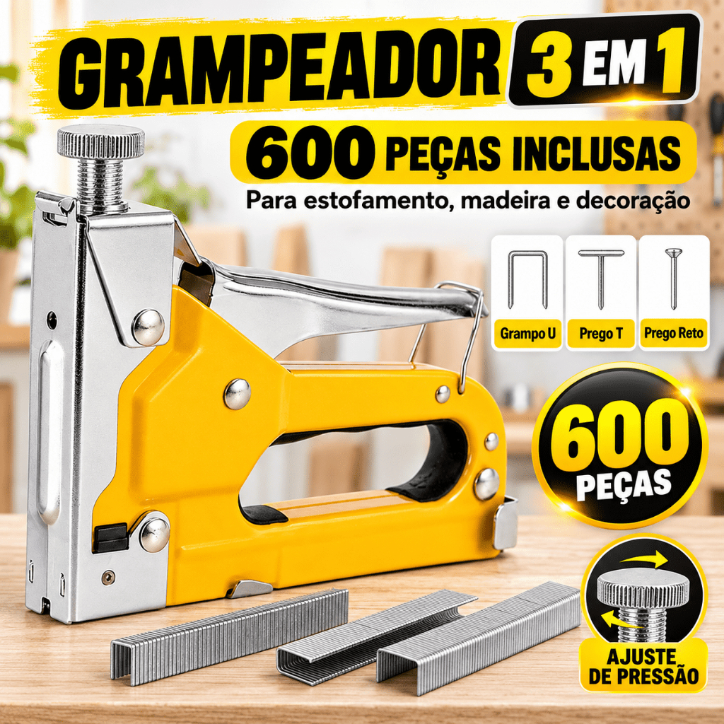 Grampeador Tapeceiro de Cromado em aço inoxidável + 600 Grampos Ferramentas Profissional