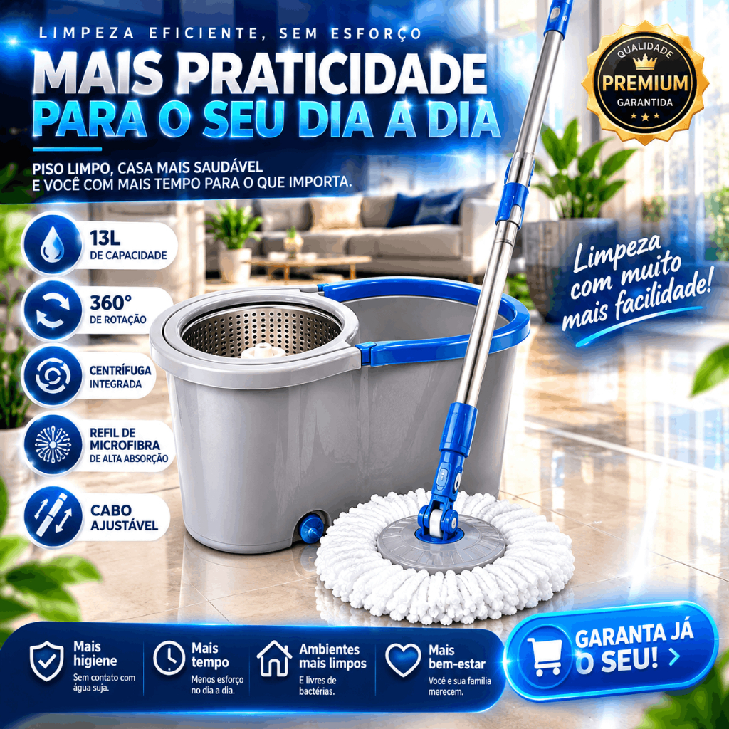 Mop Giratório 13L com Balde e Centrífuga 360° | Esfregão Microfibra, Cabo Ajustável e Rodo para Limpeza Fácil