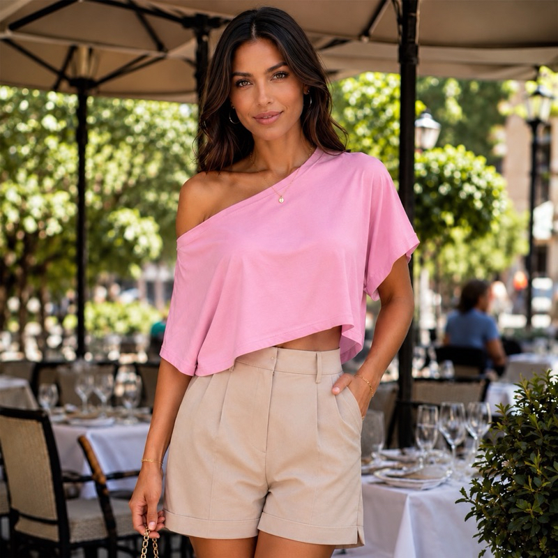 Cropped Feminino Liso Listrado a Ombro Manga Curta Soltinho Casual Elegante