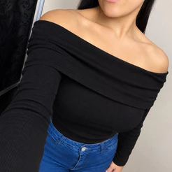Blusinha ombro a ombro tomara que caia canelada manga longa feminina inverno