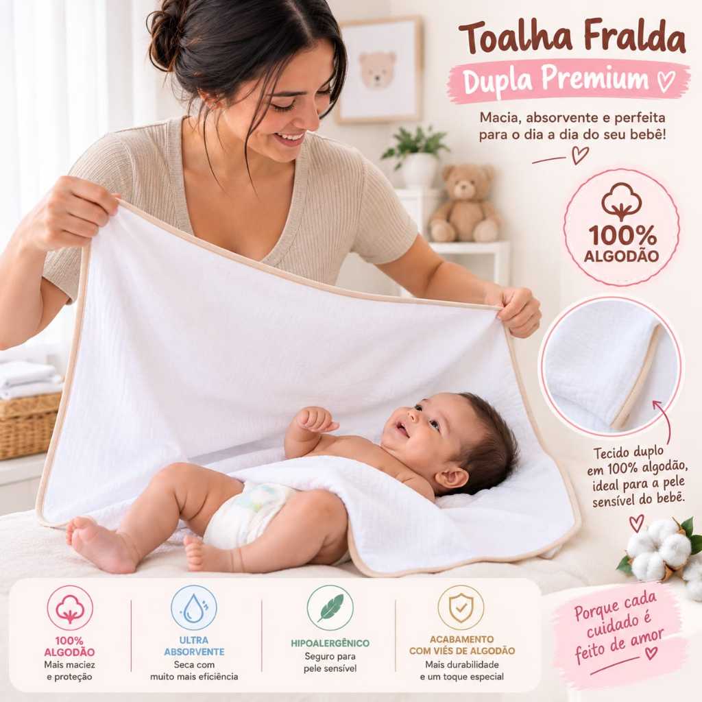 kit 2 Toalhas Fraldas SEM CAPUZ. Fralda Dupla Premium 100% Algodão 70cm x 70cm para bebê.