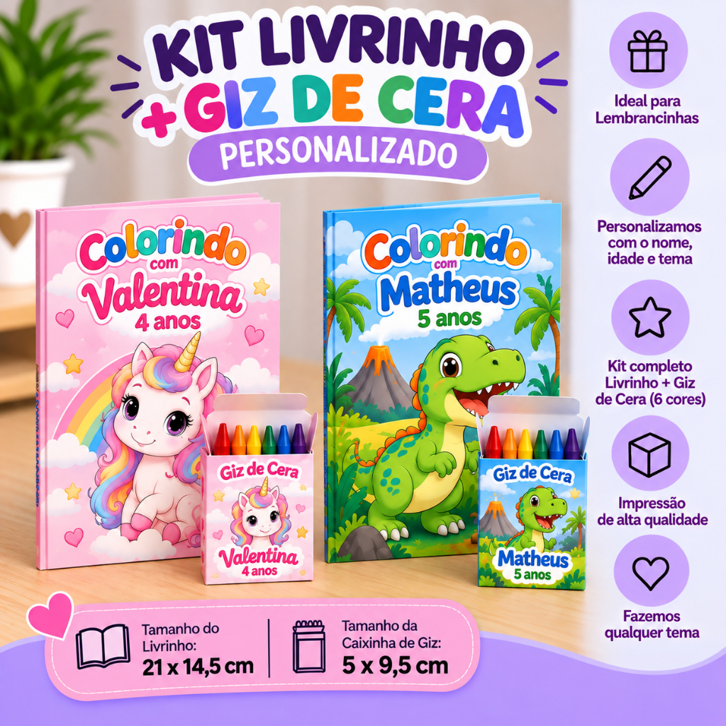 Kit Livrinho de Colorir com Giz de Cera 6 Cores Personalizado Festa Infantil