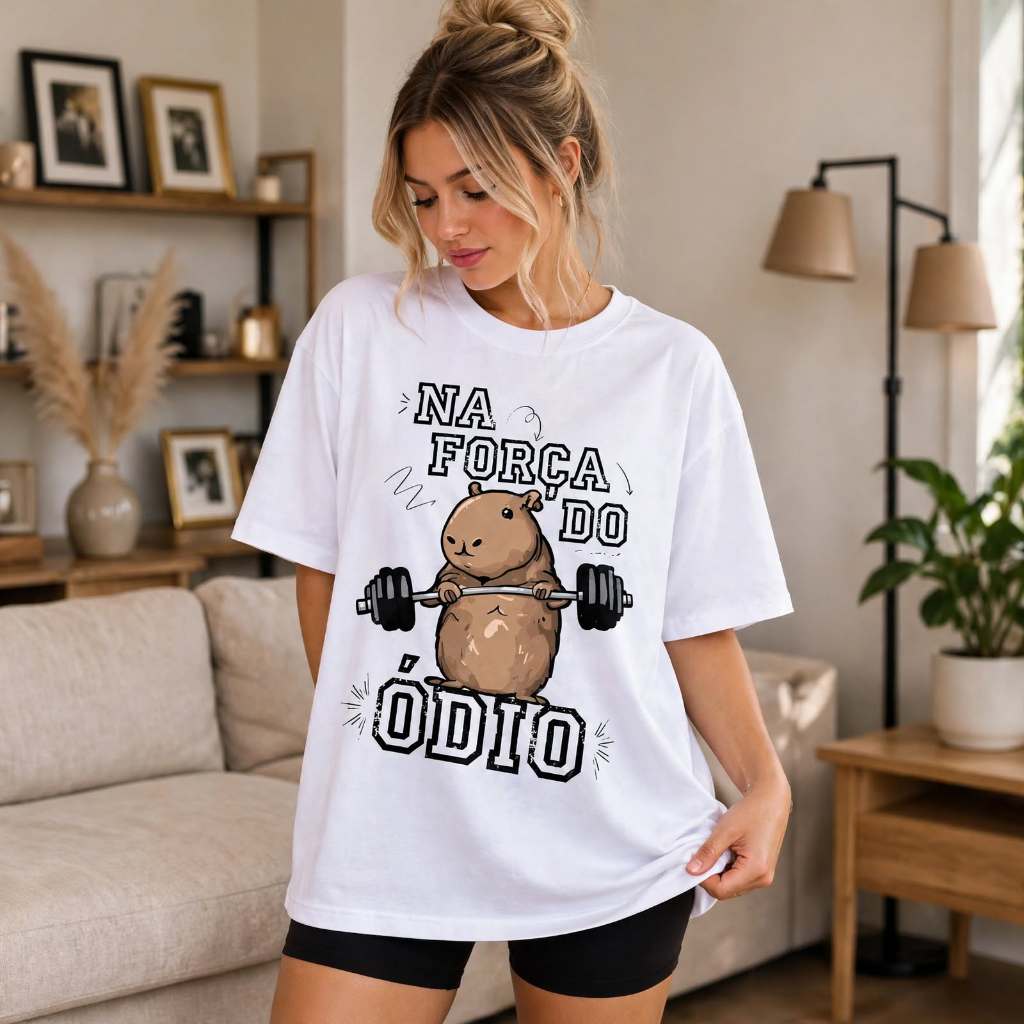Camiseta Oversized Feminina Capivara Força do Ódio Fitness Estilosa Confortável Academia 100% Algodão  Promoção