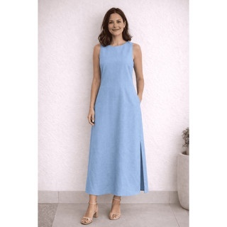 Vestido Regata Com Bolso Feminino em Linho com Forro Zíper nas Costas Longo com Fenda Lateral Verão Elegante