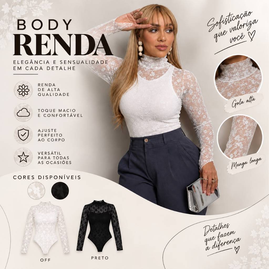 Body Renda Feminina Gola Alta Manga Longa Elegante Verao Inverno Luxuoso Transparente