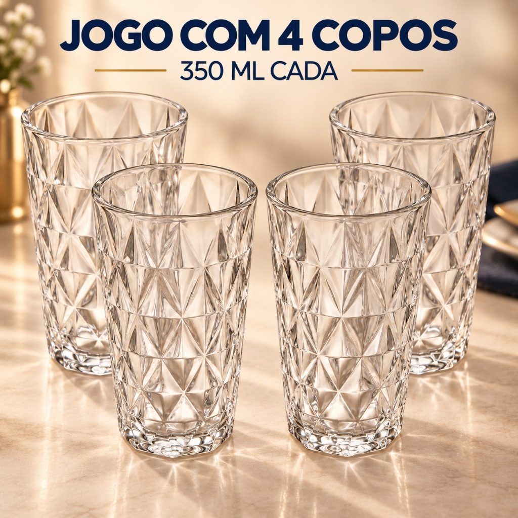 Jogo com 4 Copos Diamond Gamma de Vidro Transparente 350ml