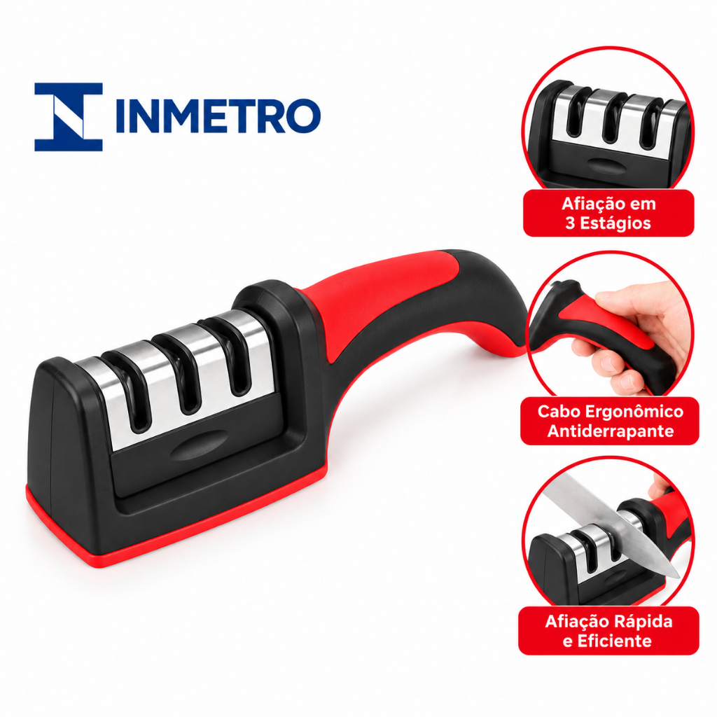 Amolador de Facas 3 em 1 Afiador Manual com Base Antiderrapante