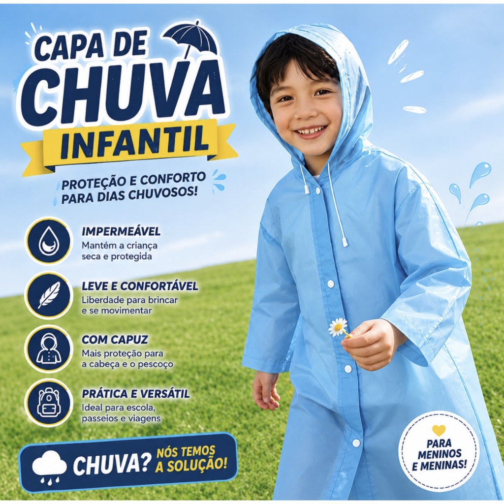 Capa de Chuva Infantil Impermeável com Capuz – Leve, Confortável e Resistente à Água para Meninos e Meninas
