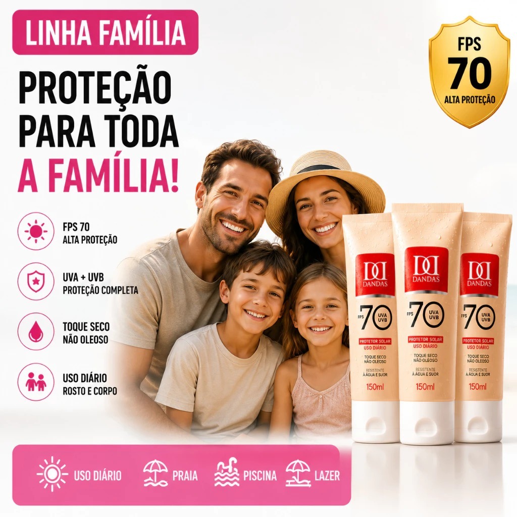 KIT 03 Protetor solar Antissinais DANDAS Fps 70, 120 ml com Toque seco, PRAIA, NAO ARDE OS OLHOS — imagem 2 de 2