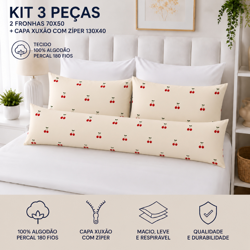 Kit Fronha Xuxão + 02 Fronhas 70 x50,Percal180 Fios Algodão, Capa Xuxão com zíper, Kit 03 Peças