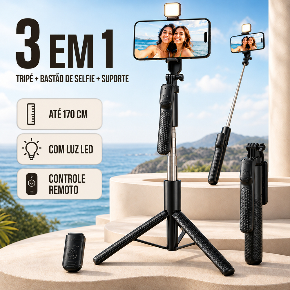 Selfie Stick Tripé 1.7M 4 Eixos 360° Rotação Anti-tremor+ Controle Bluetooth Sem Fio para Vlog