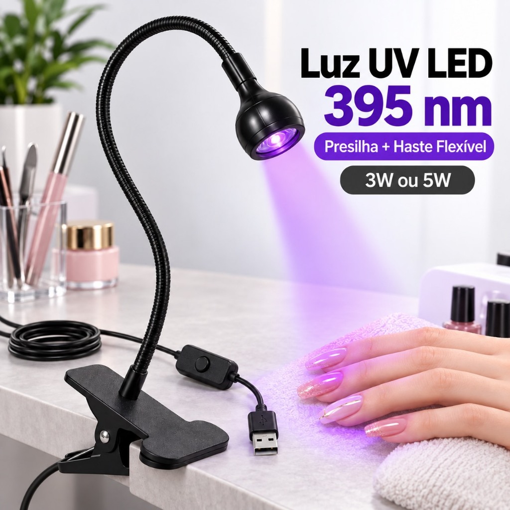 Luminária UV LED 395nm para Unhas 3W/5W com Presilha, Haste Flexível e Cabo USB de 2,5 m