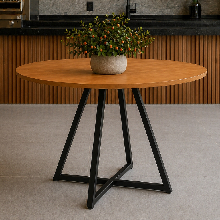 Mesa de Área Gourmet Requinte Redonda 90cm Estilo Industrial Tampo MDF Pés em Aço Metalon Resistente