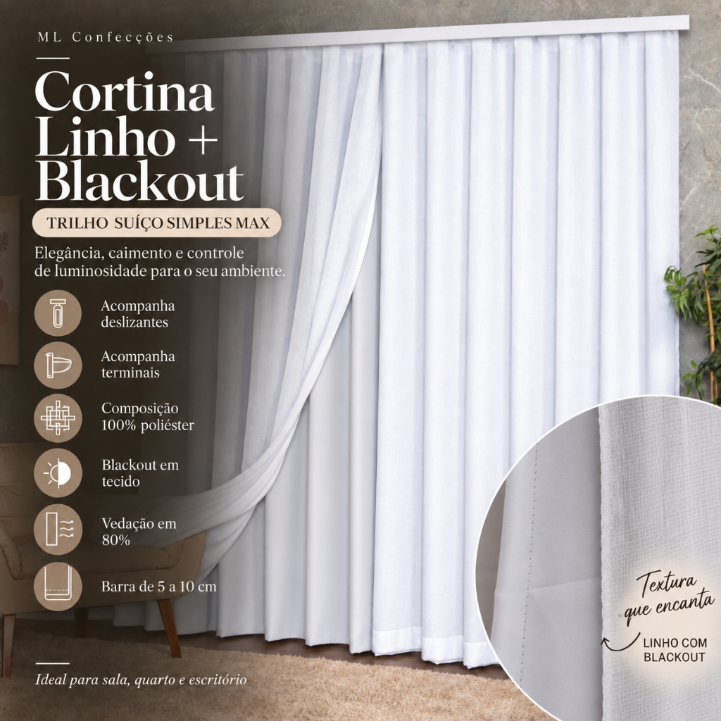 Cortina Voil Linho Forro Blackout Largura 4,00 Metros para TRILHO SUÍÇO SIMPLES MAX