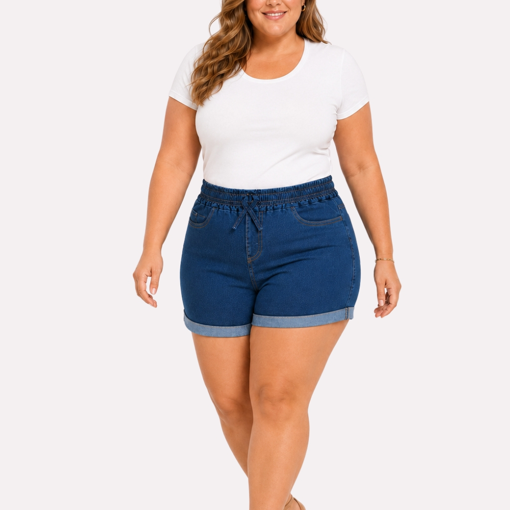 Short Bermuda Jeans Feminino Plus Size com Elastano Cintura Alta Cós Elástico Duplo Barra Dobrada G1 G2 G3