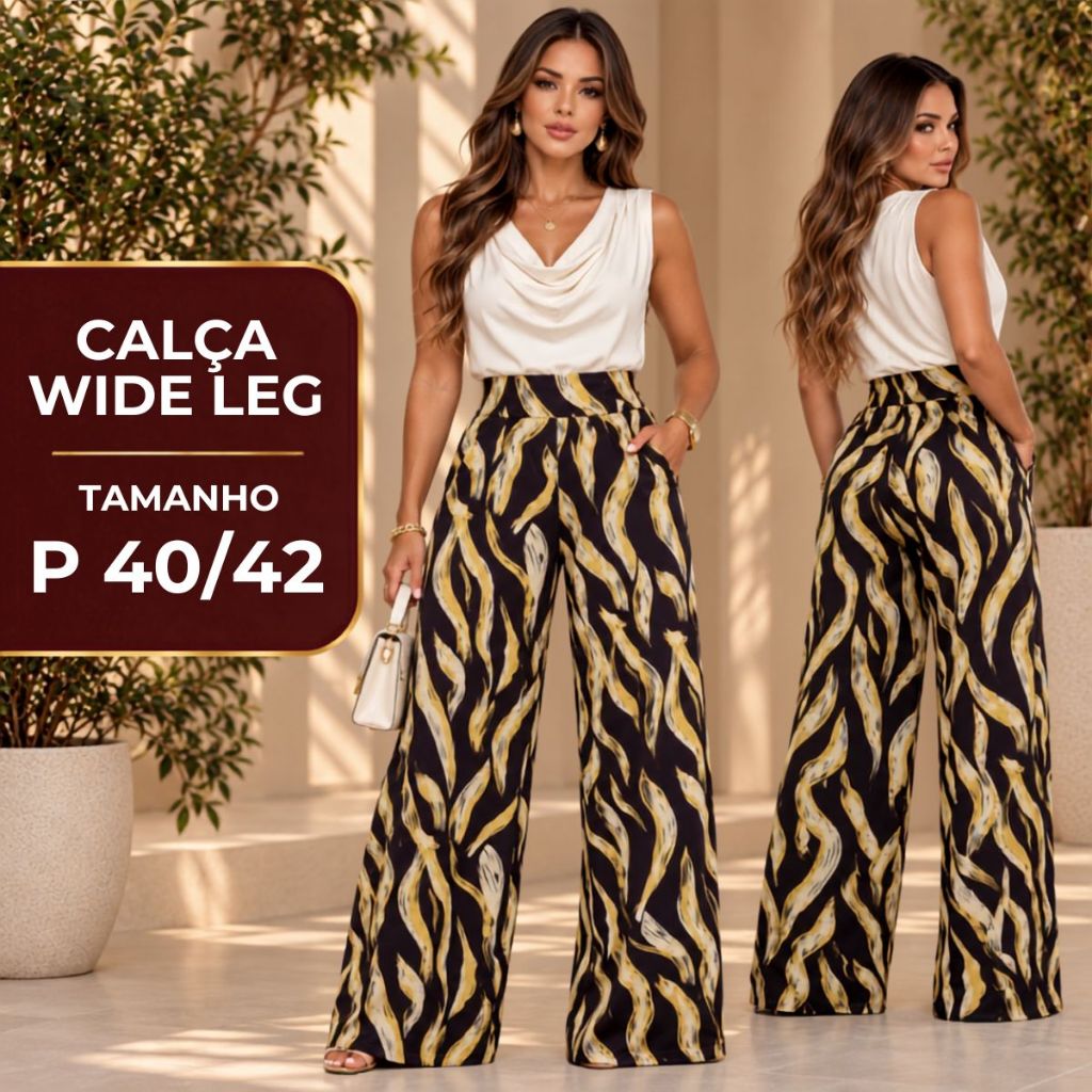 Calça Wide Leg Feminina P 40/42 Cintura Alta Suplex Estampada Bolsos Costura reforçada Soltinha Elegante