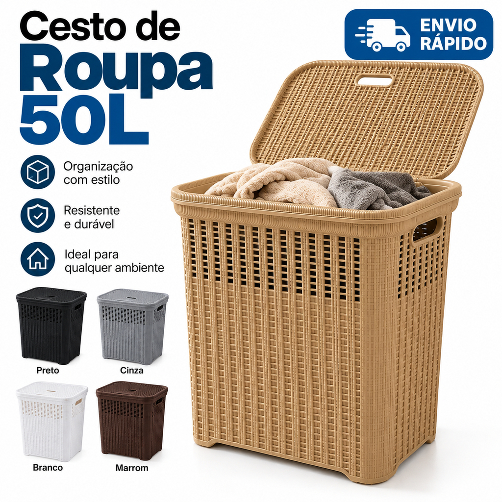 Cesto Roupa Telado Rattan 50 Litros Com Tampa Premium