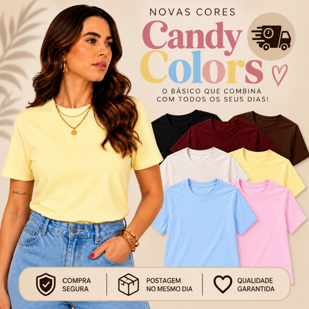 T-shirt Feminina 100% Algodão Fio Penteado 30.1 Camiseta Básica Gola Ribana Blusa